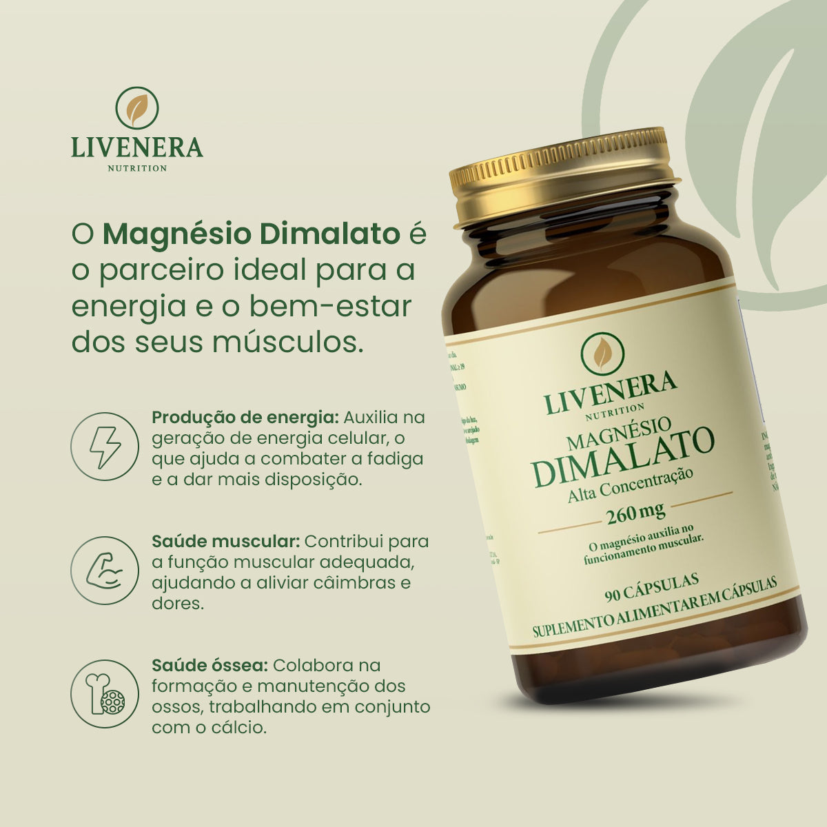 Magnésio Dimalato 90 cápsulas Livenera Nutrition - suplemento energia e disposição