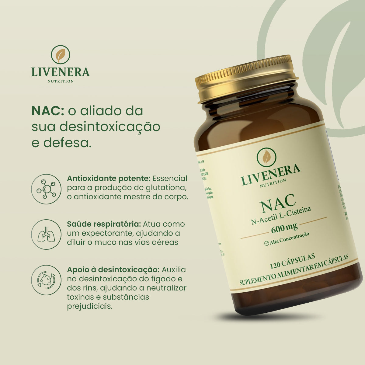 NAC 600mg N-Acetil Cisteína 120 cápsulas Livenera Nutrition - antioxidante
