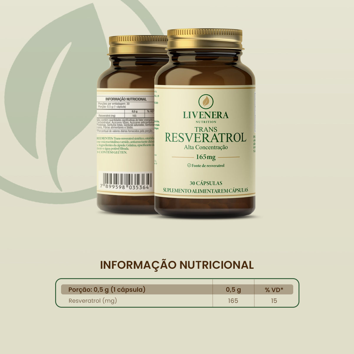 Resveratrol Trans 165mg 30 cápsulas Livenera Nutrition - antienvelhecimento