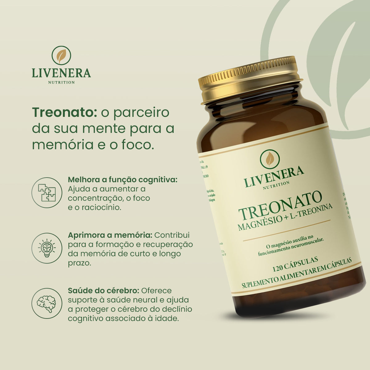 Magnésio Treonato L-Treonina 120 cápsulas Livenera Nutrition - cognição e sono