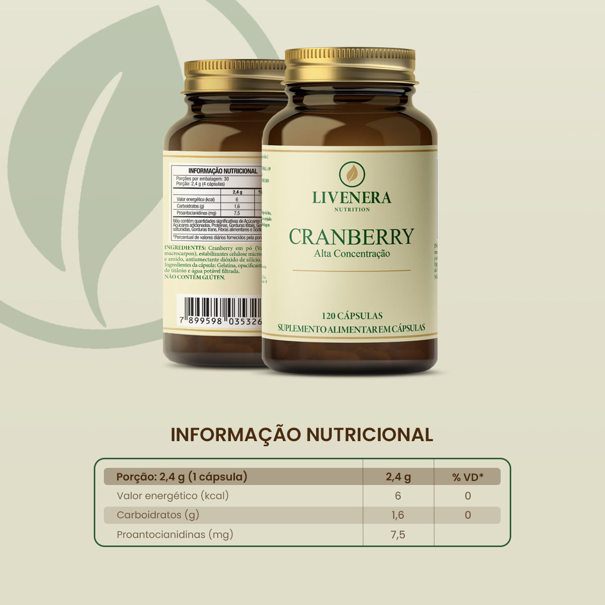 Cranberry 500mg 120 cápsulas Livenera Nutrition - suplemento antioxidante