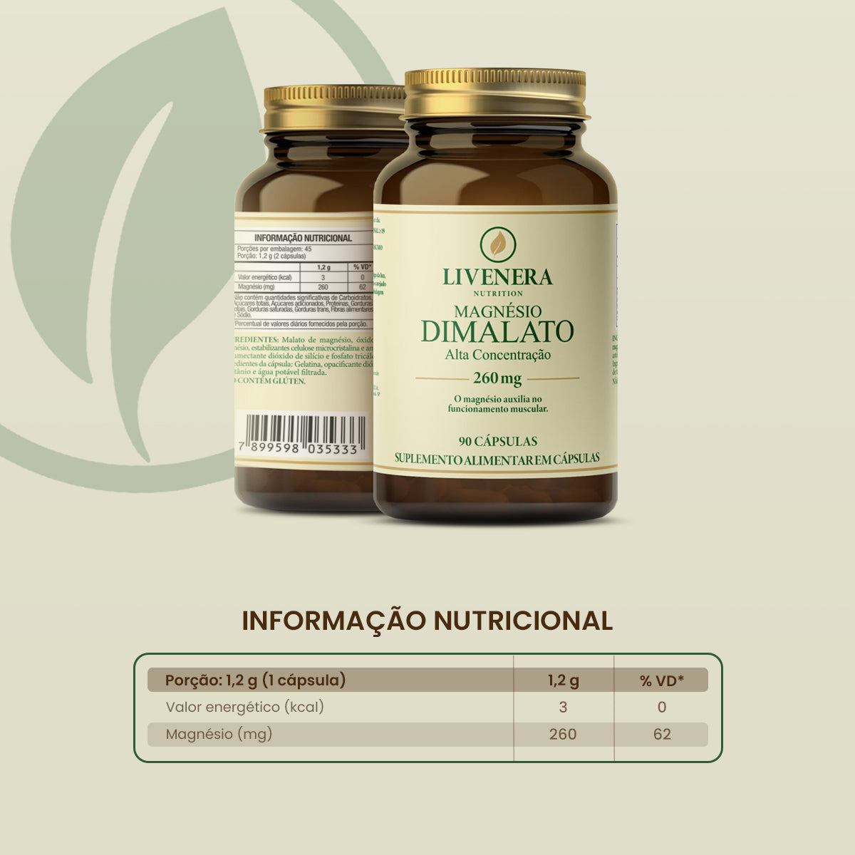 Magnésio Dimalato 90 cápsulas Livenera Nutrition - suplemento energia e disposição