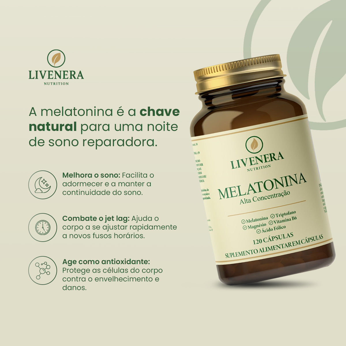 Melatonina 3mg 120 cápsulas Livenera Nutrition - suplemento para dormir melhor