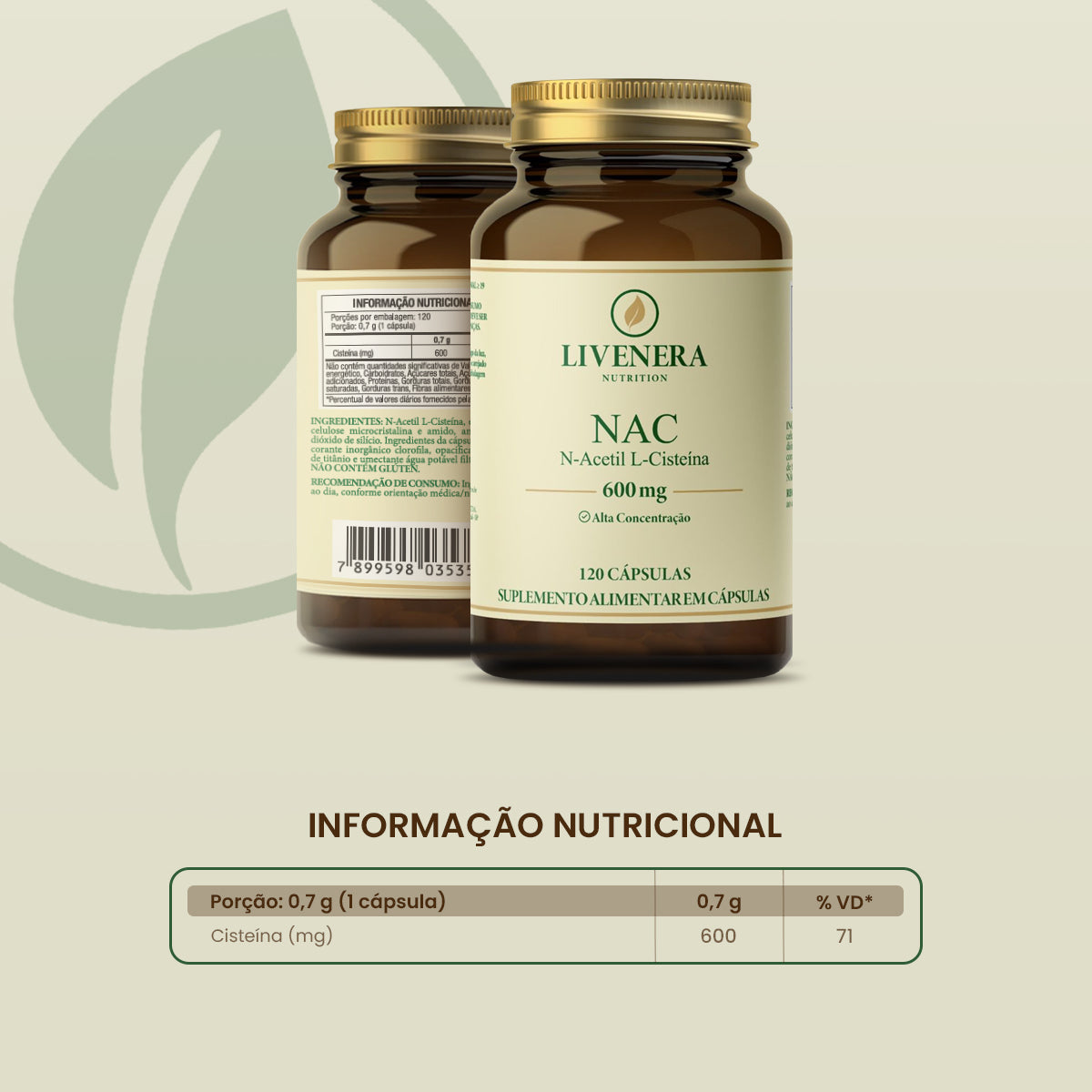NAC 600mg N-Acetil Cisteína 120 cápsulas Livenera Nutrition - antioxidante