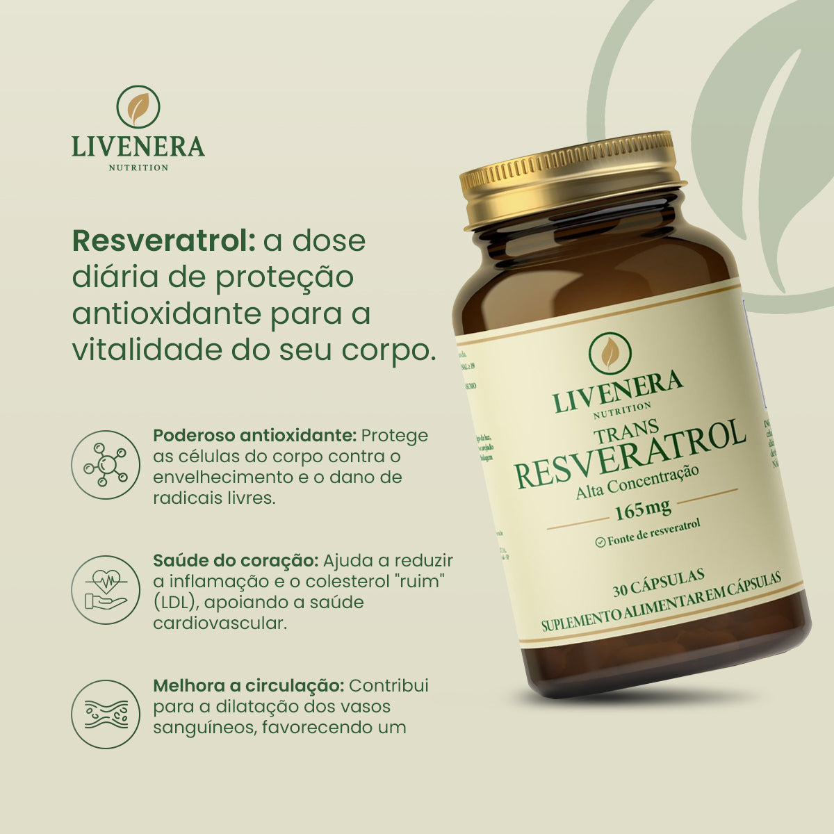 Resveratrol Trans 165mg 30 cápsulas Livenera Nutrition - antienvelhecimento