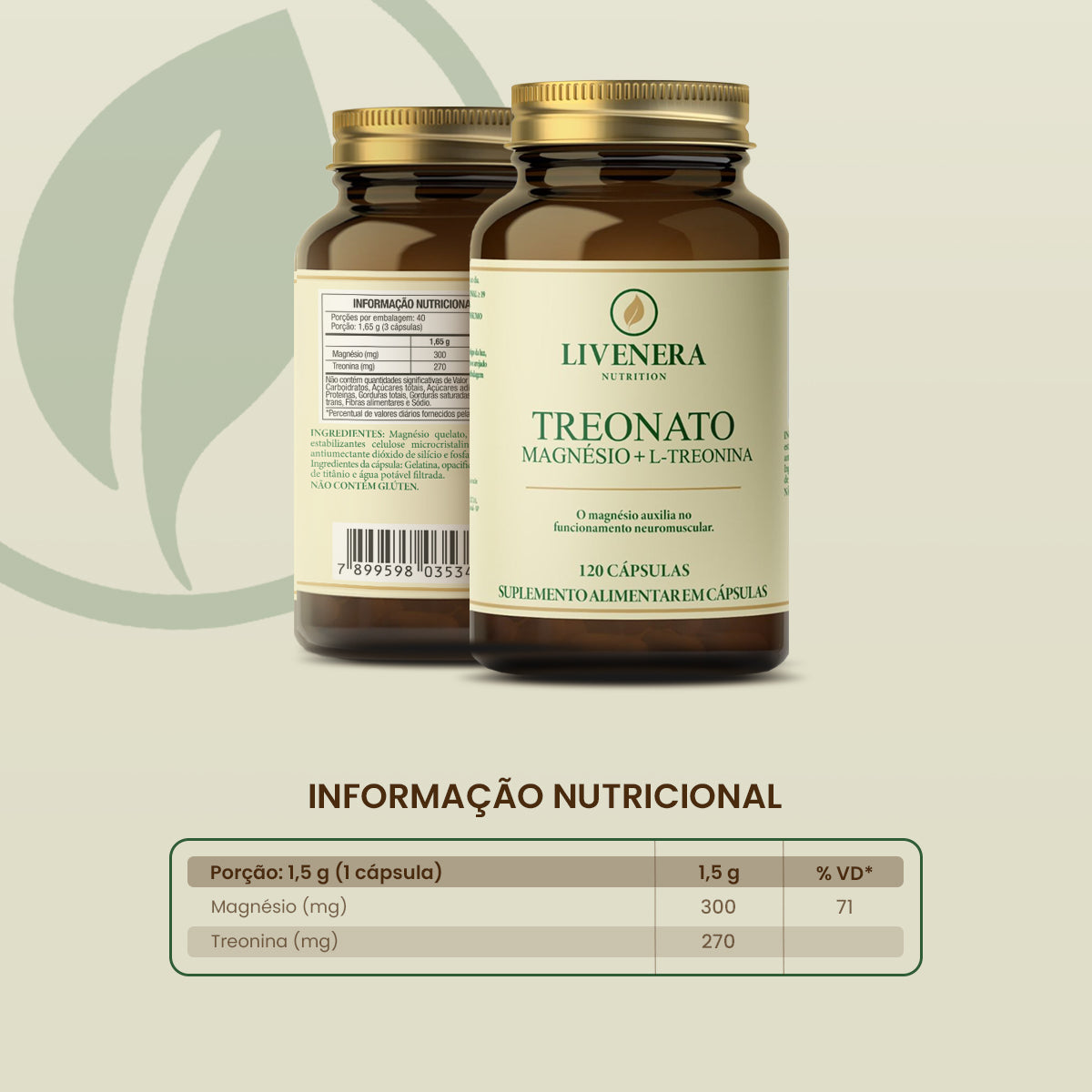 Magnésio Treonato L-Treonina 120 cápsulas Livenera Nutrition - cognição e sono